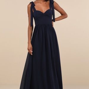 Lulus Radiant Charisma Navy Chiffon Ruched Tie-strap Maxi Dress Blue - Size L